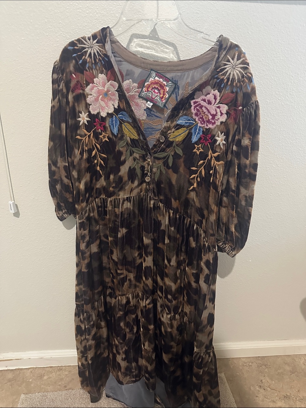 Johnny Was Brown Leopard-Print Midi Dress with Multicolor Floral Embroidery